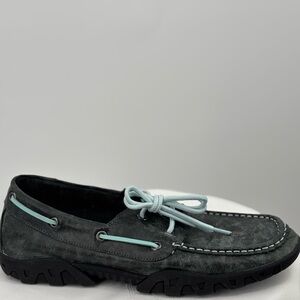 Ferrini Smoky Black Distressed Microsuede Moc Toc Leather Loafers Sz 9